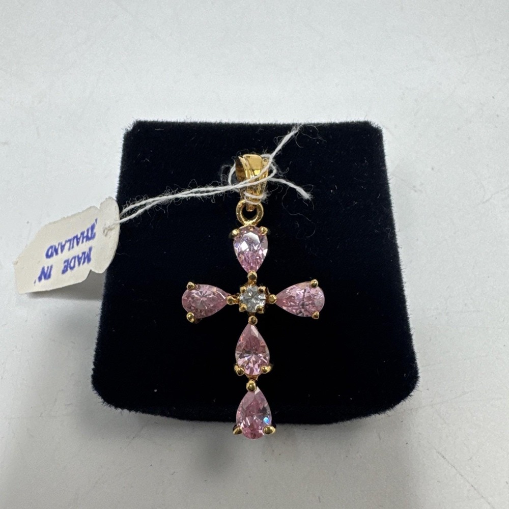 Gold Over Sterling Silver Pink Gemstone Easter Cross Pendant Hallmarked CL 925
